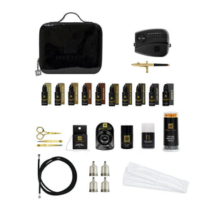 Brow Code Professional Airbrush Kit with airbrush machine, compressor, brow stain shades, liquid oxidant, tools, and accessories for professional eyebrow tinting and airbrush brows