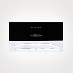 Brow Code Silicone Eyebrow Stencils set with black packaging, featuring 10 flexible stencils in 3 shapes for precise brow mapping and shaping