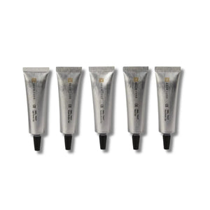 Five silver Brow code gel tint ppd free with black caps on a white background