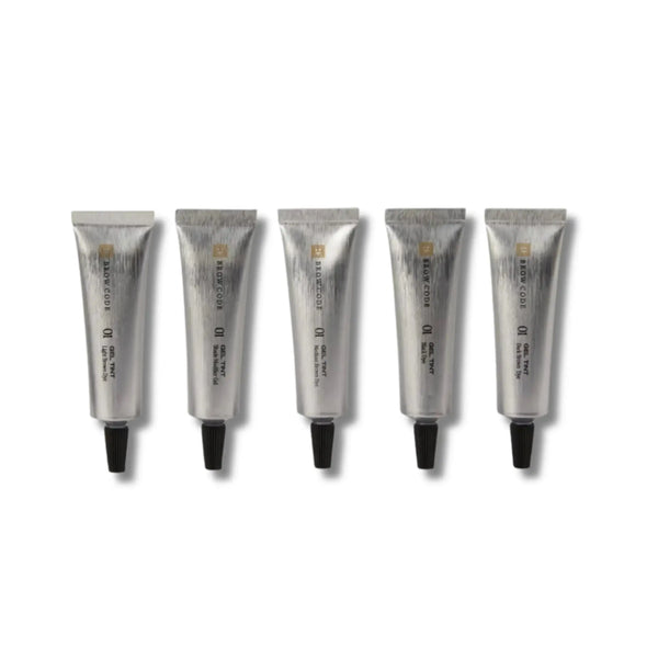 Five silver Brow code gel tint ppd free with black caps on a white background