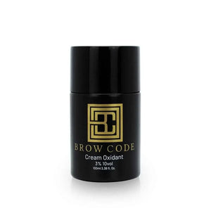 Brow Code Cream Oxidant 3% 10vol in a sleek 100ml black bottle with gold branding, designed for activating hybrid brow dyes