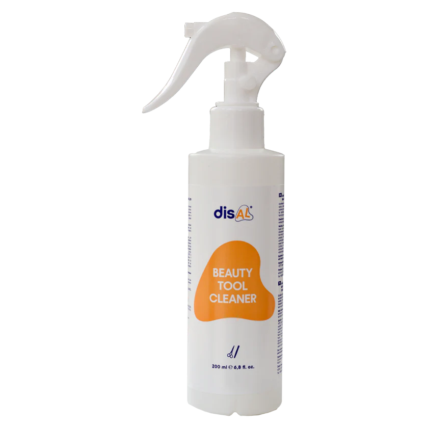Disal Beauty Tool Cleaner 200ml in a white spray bottle with an orange label, designed for hygienic cleaning of professional beauty tools.