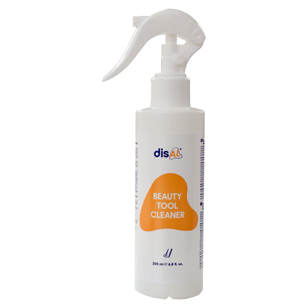 Disal Beauty Tool Cleaner 200ml in a white spray bottle with an orange label, designed for hygienic cleaning of professional beauty tools.