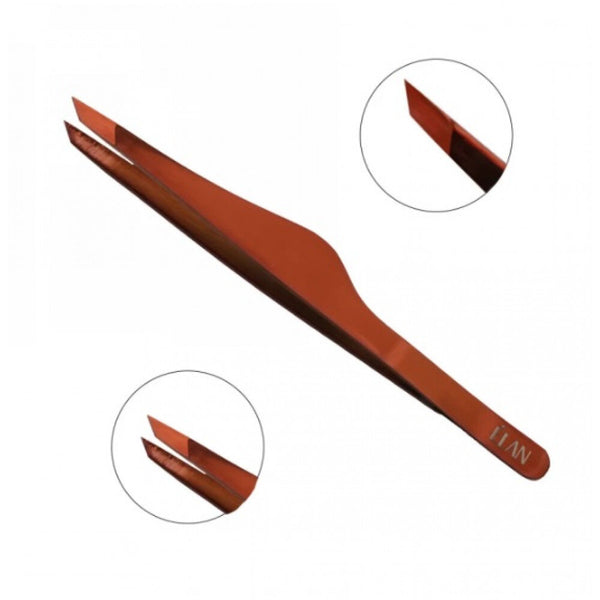 Élan Professional Slant Tip Easy Eyebrow Tweezers in metallic copper with ergonomic grip and close-up inserts highlighting the precision angled tip for accurate brow shaping