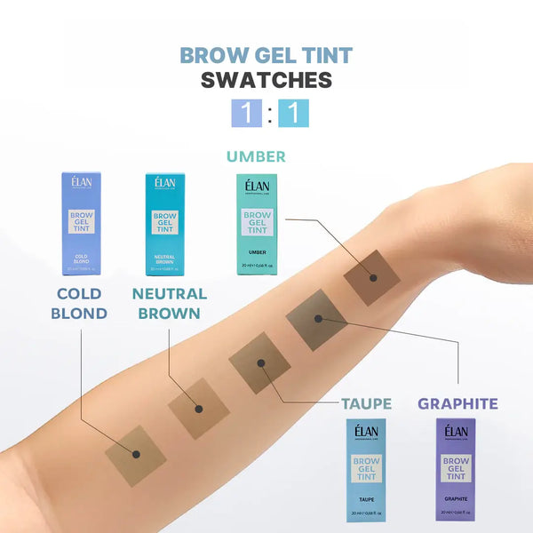 Élan Brow Gel Tint swatches showing Cold Blond, Neutral Brown, Taupe, Graphite, and Umber shades for professional eyebrow tinting