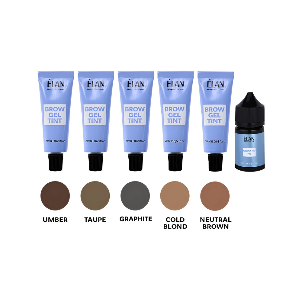Élan Brow Gel Tint tubes in Umber, Taupe, Graphite, Cold Blond, and Neutral Brown with oxidant for professional eyebrow coloring