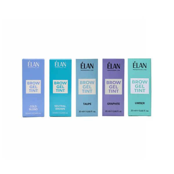 Élan Brow Gel Tint collection in Cold Blond, Neutral Brown, Taupe, Graphite, and Umber shades for professional eyebrow coloring