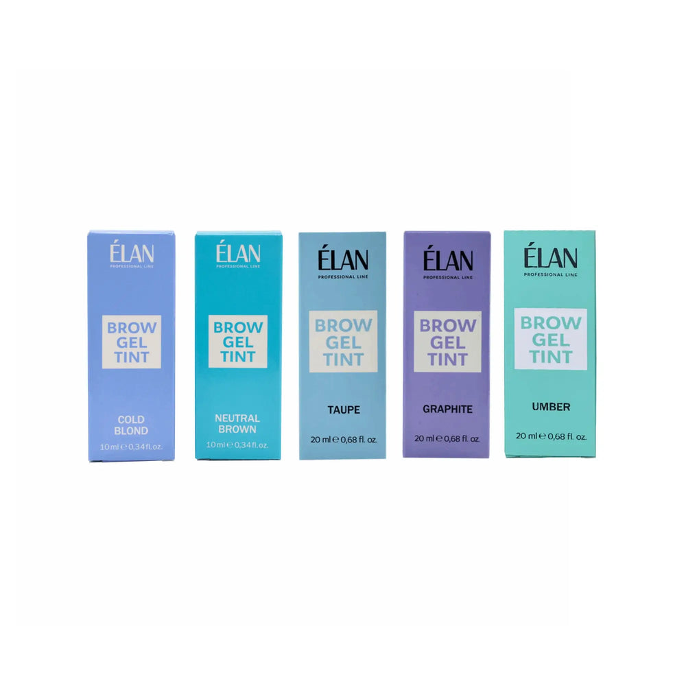 Élan Brow Gel Tint tubes in Umber, Taupe, Graphite, Cold Blond, and Neutral Brown with oxidant for professional eyebrow coloring