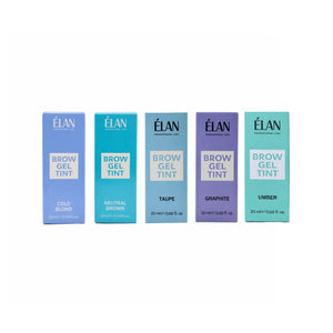 Élan Brow Gel Tint collection in Cold Blond, Neutral Brown, Taupe, Graphite, and Umber shades for professional eyebrow coloring