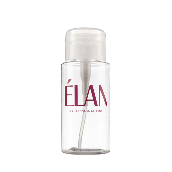 Élan Professional Line pump dispenser bottle for liquids, featuring a clear container with a white pump top and magenta branding