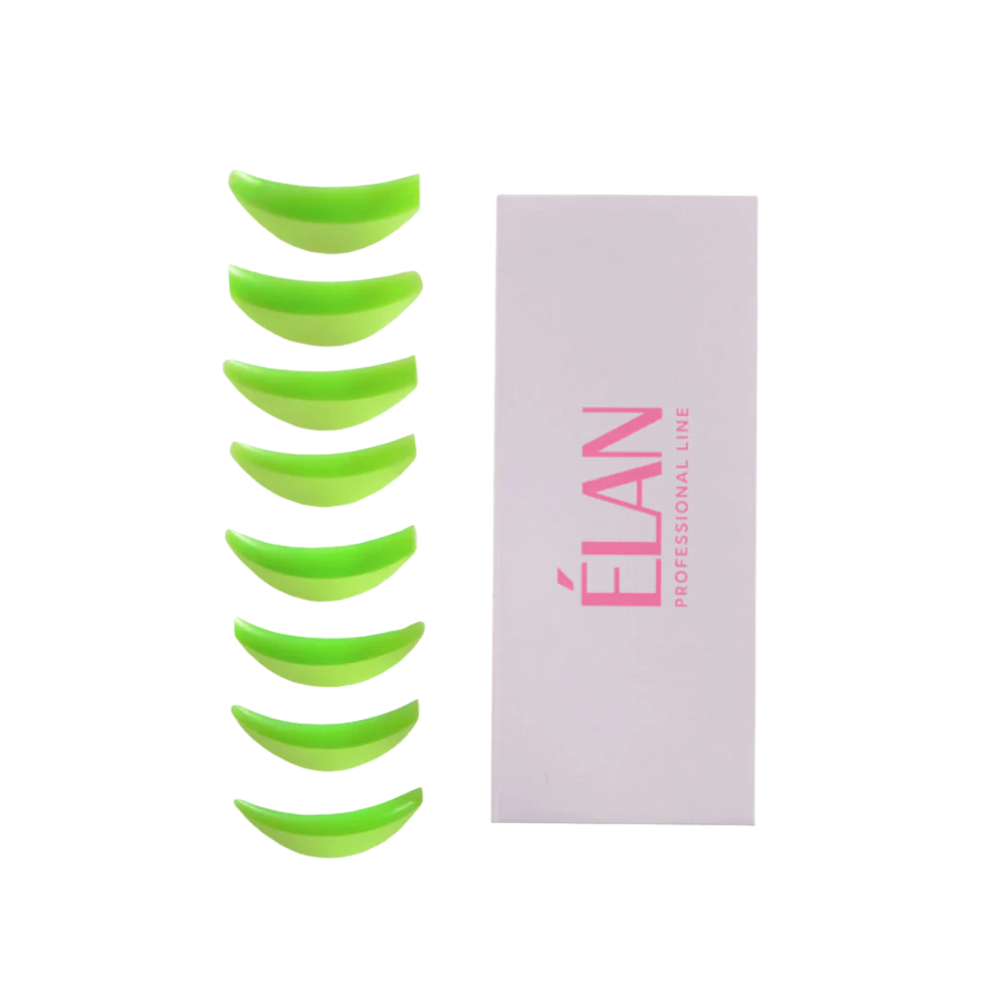 ÉLAN Classic Lash Lift Shields in vibrant green, full-size silicone pad set for professional lash lifting treatments with packaging
