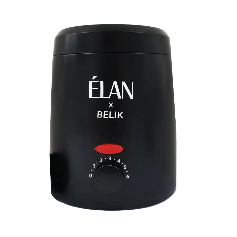 Élan x Belik professional wax heater in sleek black design with adjustable temperature dial and red indicator, ideal for beauty salon use