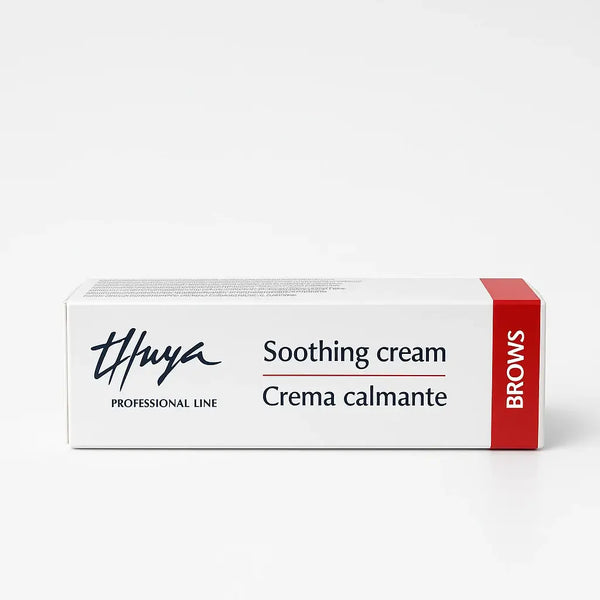 Thuya Soothing Cream for brows in a white box with red and black accents, designed to calm and hydrate the skin after eyebrow treatments.