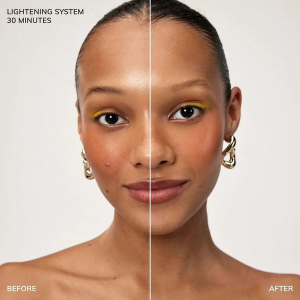 Before-and-after of a model with Brow Code Brow Lightening System (30 min), showing lighter brows