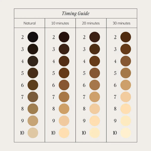 Brow Code Brow lightening system Color timing guide chart for makeup application with different shades and time intervals.