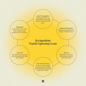 Diagram of key ingredients in brow code Brow Lightening System ingredients with a yellow gradient background.