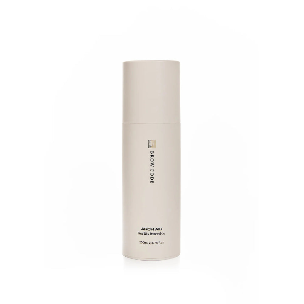 Brow Code Arch Aid Post Wax Renewal Gel in a sleek 200mL beige bottle, designed to soothe and hydrate skin after waxing treatments