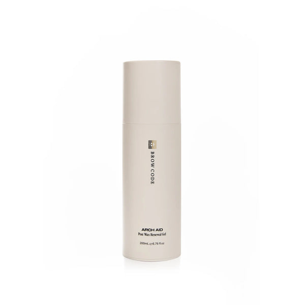 Brow Code Arch Aid Post Wax Renewal Gel in a sleek 200mL beige bottle, designed to soothe and hydrate skin after waxing treatments