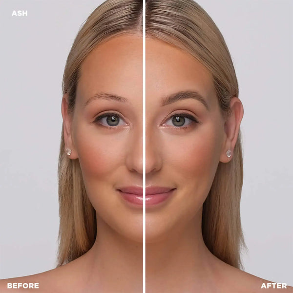 Before and after using Brow Code Brow Pomade in Ash, enhancing brows with a soft, natural look and long-lasting color payoff