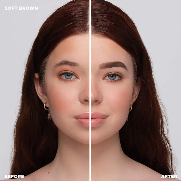 Before and after using Brow Code Soft Brown Pomade for fuller, defined brows