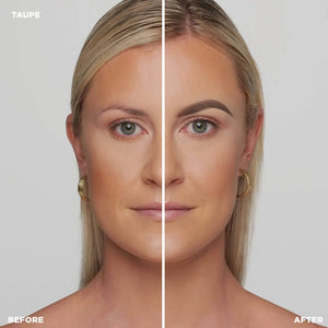 A side-by-side before-and-after comparison of a model wearing Brow Code Brow Pomade in Taupe