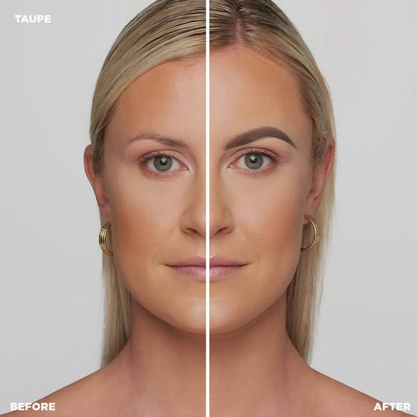 A side-by-side before-and-after comparison of a model wearing Brow Code Brow Pomade in Taupe