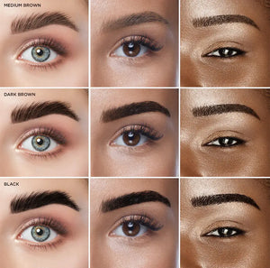 Brow Code Henna Powder color chart displaying Medium Brown, Dark Brown, and Black shades on various skin tones, enhancing natural brows with rich, long-lasting pigment