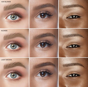 Brow Code Henna Powder color chart showcasing Ash Blonde, Blonde, and Light Brown shades on different skin tones, enhancing natural brows with long-lasting tint