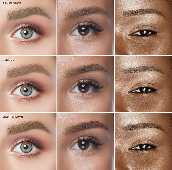 Brow Code Henna Powder color chart showcasing Ash Blonde, Blonde, and Light Brown shades on different skin tones, enhancing natural brows with long-lasting tint