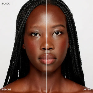 Brow code Gel tint Before and after comparison of a woman with braided hair on a plain background