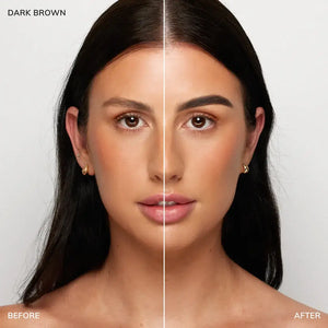 Brow code Gel tint Before and after comparison of a woman's face with dark brown hair on a plain background.