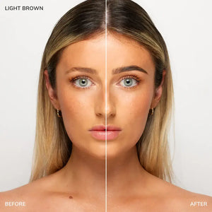 Brow code Gel tint Before and after comparison of a woman's face with light brown hair on a white background.