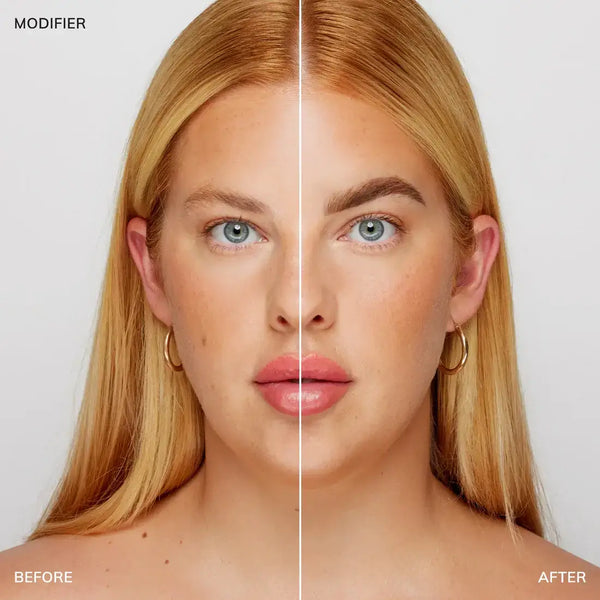 Brow code Gel tint Before and after comparison of a woman's face with visible skin texture differences.