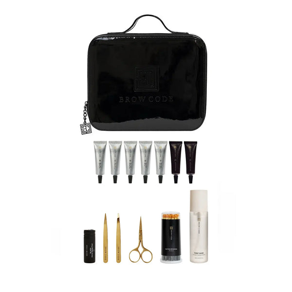 Brow Code PPD-Free Gel Tint Kit with carry case, tint tubes, tweezers, scissors, brushes and First Base cleanser for salon brow tinting