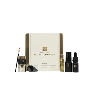 Brow Code Brow Henna Kit in Black with brush and accessories, designed for bold brow tinting and long-lasting color definition on eyebrows.Brow Code Brow Henna Kit in Black with brush and accessories, designed for bold brow tinting and long-lasting color definition on eyebrows