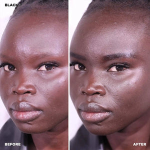 Before and after results of Brow Code Brow Henna Kit in Black, showing enhanced brow definition and deep color on dark skin tone