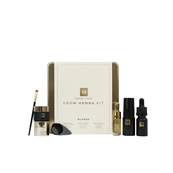 Brow Code Brow Henna Kit in Blonde shade featuring henna powder, activator, tools, and serum for professional eyebrow tinting