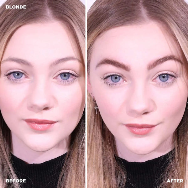 Before and after results of Brow Code Brow Henna Kit in Blonde shade showing enhanced brow color and definition on a model with fair features