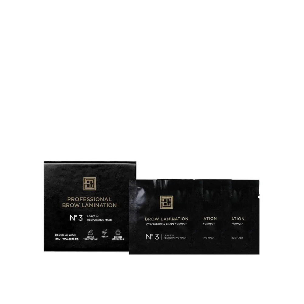 Brow Code Leave-In Restorative Mask Step 3 for brow lamination, shown in a black sachet pack designed to nourish and condition brows post-treatment