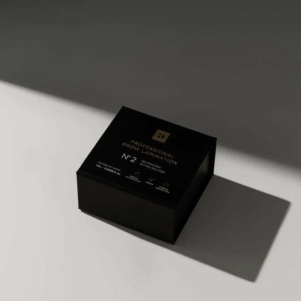 Brow Code Neutralising Setting Solution Step 2 in sleek black sachets, essential for setting brow hairs in place during the lamination process