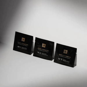 Brow Code Professional Brow Lamination Kit featuring three-step sachets: No.1 Restructuring Bond Solution, No.2 Neutralizing Setting Solution, and No.3 Leave-In Restorative Mask for a complete lamination treatment