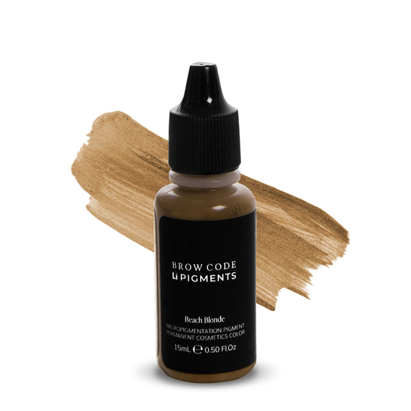Brow Code LI Pigments PMU Beach Blonde micropigmentation pigment, 15mL bottle with a medium blonde swatch behind, designed for professional permanent eyebrow makeup