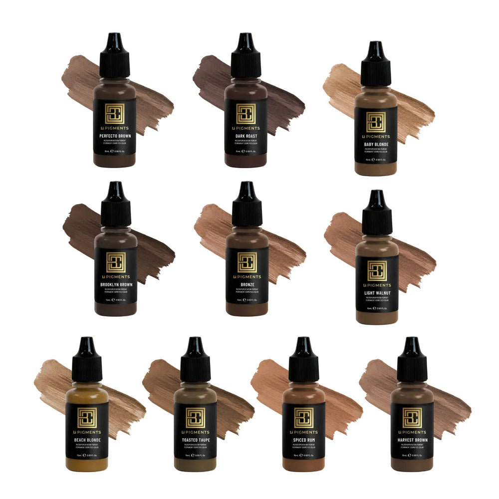 Brow Code LI Pigments PMU collection featuring 10 bottles with shades like Perfecto Brown, Dark Roast, Baby Blonde, Brooklyn Brown, Bronze, Light Walnut, Beach Blonde, Toasted Taupe, Spiced Rum, and Harvest Brown, displayed with matching color swatches