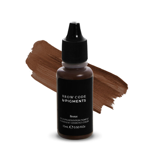 Brow Code LI Pigments PMU Bronze micropigmentation pigment, 15mL bottle with warm bronze brown swatch, ideal for professional permanent eyebrow makeup treatments
