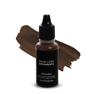 Brow Code LI Pigments PMU Brooklyn Brown micropigmentation pigment, 15mL bottle with deep brown swatch behind, for professional permanent eyebrow makeup applications