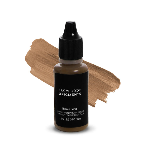 Brow Code LI Pigments PMU Harvest Brown micropigmentation pigment, 15mL bottle with warm light brown swatch, ideal for permanent eyebrow makeup treatments