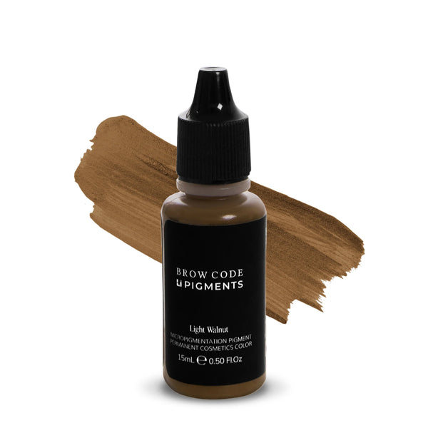 Brow Code LI Pigments PMU Light Walnut micropigmentation pigment, 15mL bottle displayed with a rich walnut brown swatch, perfect for permanent brow procedures