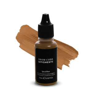 Brow Code LI Pigments PMU Spiced Rum micropigmentation pigment, 15mL bottle displayed with a warm caramel brown swatch for professional permanent brow cosmetic treatments