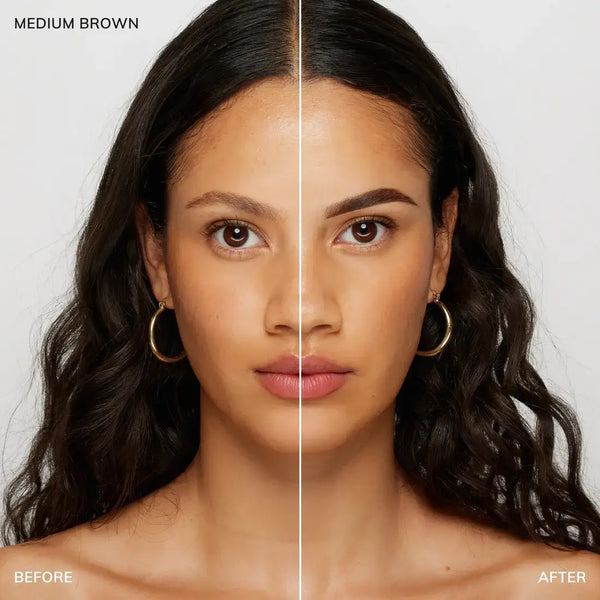 Brow code Gel tint Before and after comparison of a woman's face with medium brown skin tone.