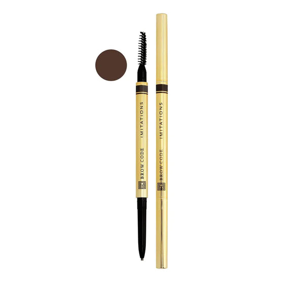 Brow Code Micro Brow Pencil in Brunette with gold packaging, featuring an ultra-fine tip for precise hair-like strokes and a spoolie brush for blending